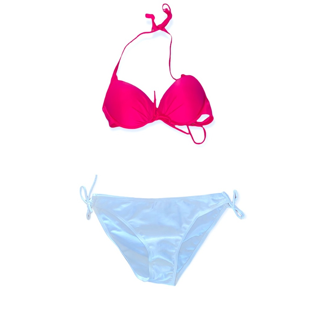 NWT white /coral clamshell bikini supportive halter top & swim bottom set